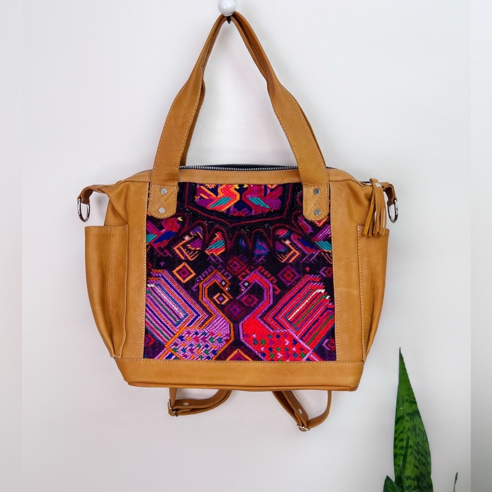 Beautiful genuine leather convertible day bag, crossbody tote made with Huipils